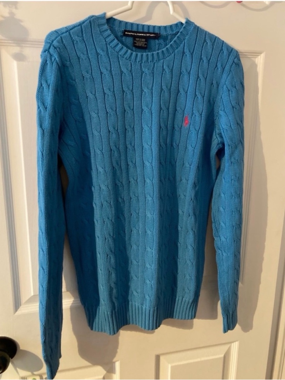 Ralph Lauren Men’s Crewneck Cable Knit Sweater in Bright Blue